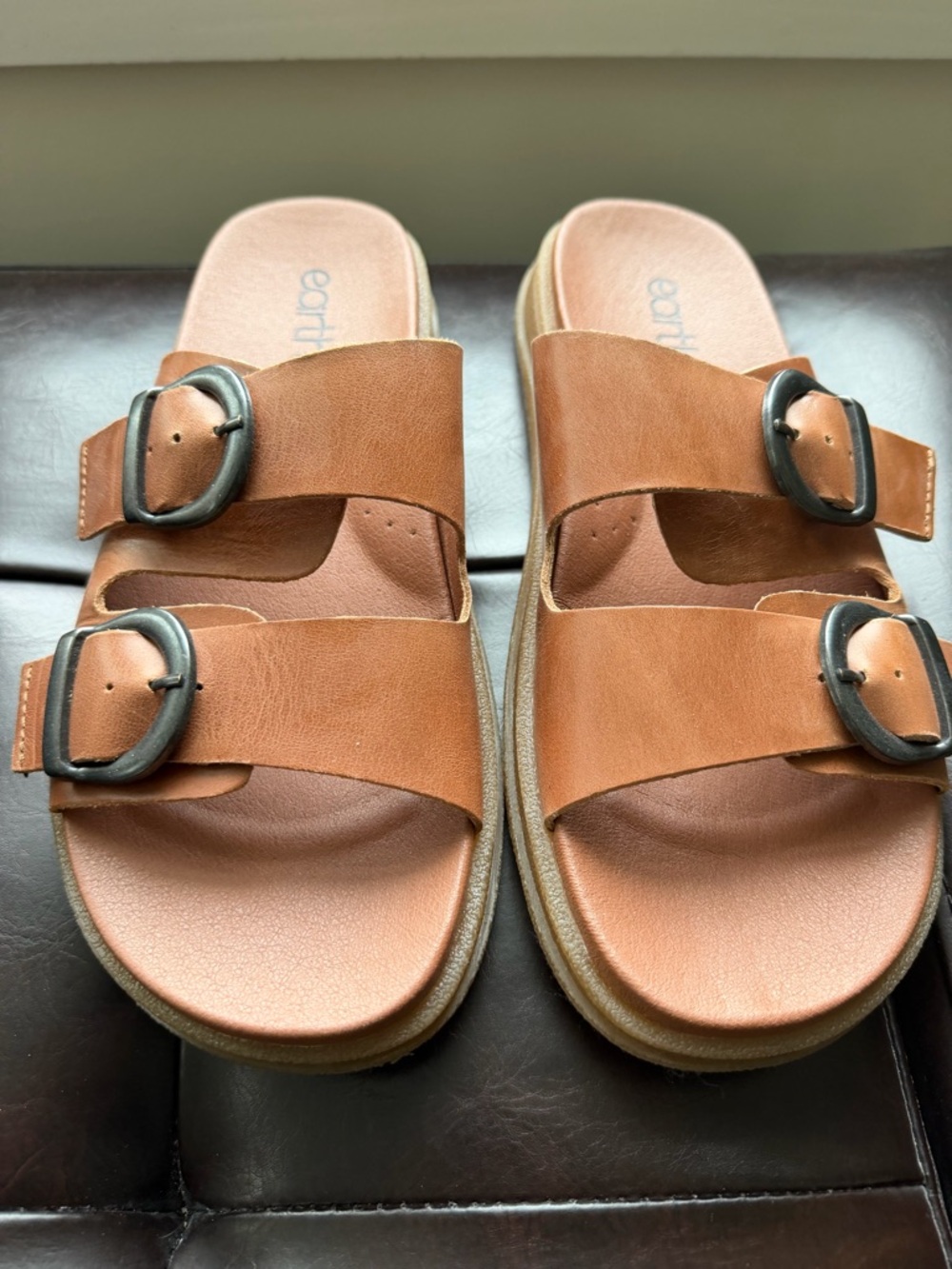 Earth Women's Tan Double-Buckle Slide Sandals